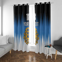 Blue and white gradient window curtain panels with gold crest and custom text