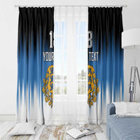 Blue and white striped window curtain panels with gold crest and custom text