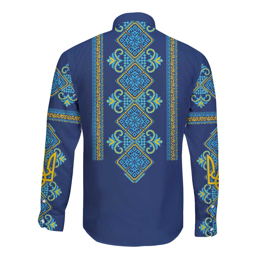Vyshyvanka Day Long Sleeve Button Shirt Ukrainian Folk Traditions Pattern Blue Version