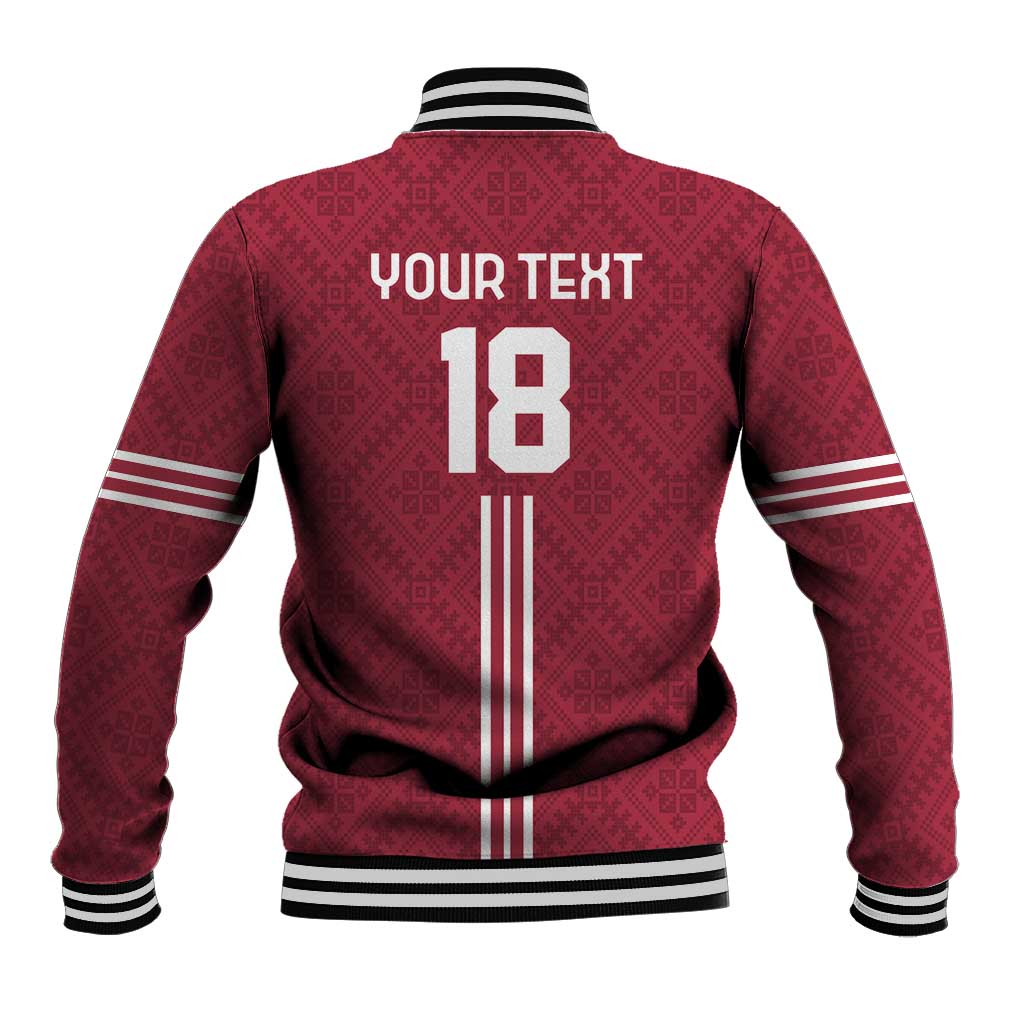 Red baseball jacket back with folk pattern, YOUR TEXT 18, striped hem and ribbed cuffs