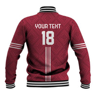 Red baseball jacket back with folk pattern, YOUR TEXT 18, striped hem and ribbed cuffs