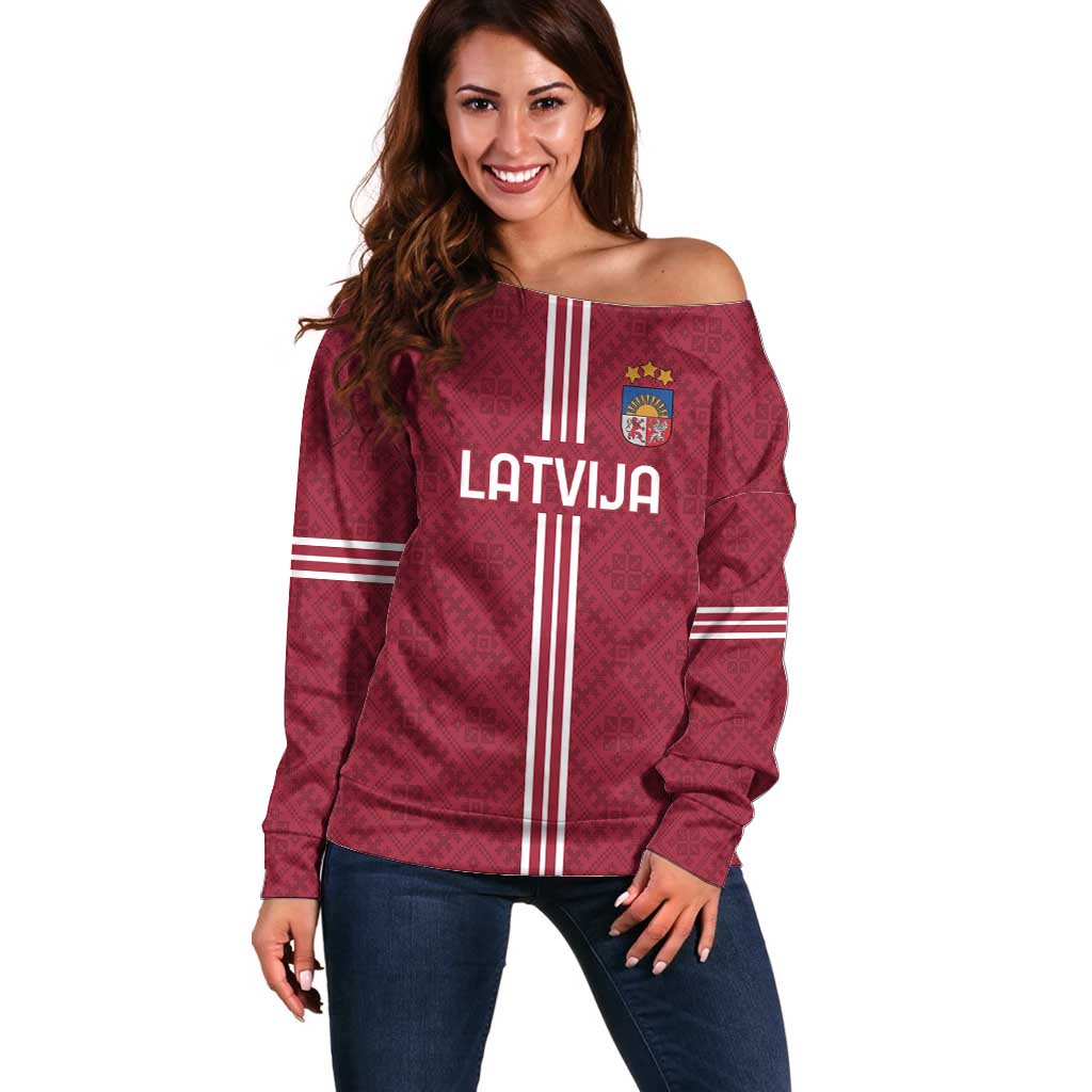 Custom Latvia Football Off Shoulder Sweater Latvijas Go Champion Folk Pattern