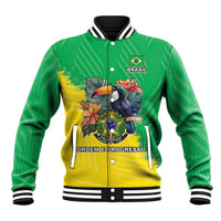 Green baseball jacket with Brazil flag graphic, ribbed striped collar and snap buttons