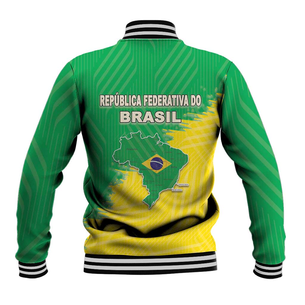 Green baseball jacket with Brazil map and text on back, ribbed striped cuffs