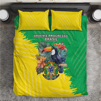 Brazil flag-themed bedding set with yellow and green striped duvet and matching pillows