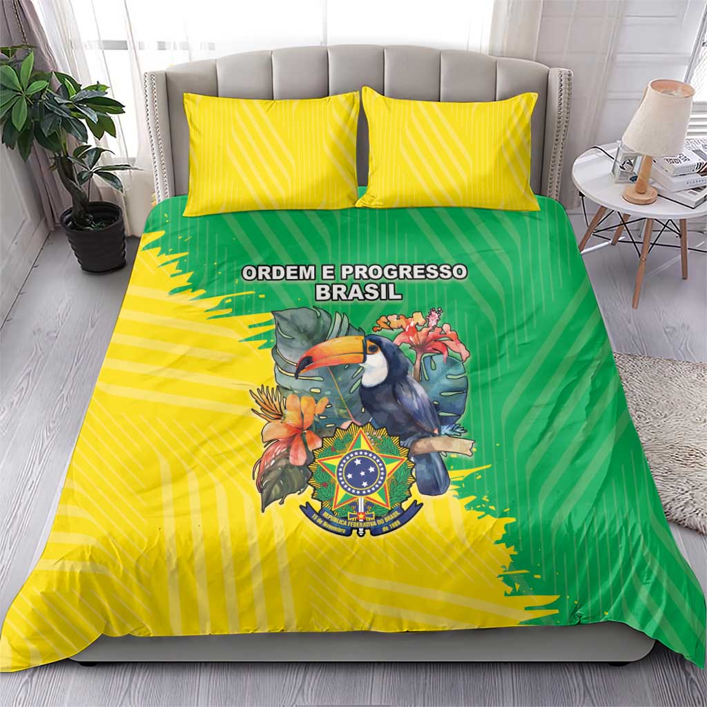 Brazil flag bedding set: yellow-green striped duvet with crest and two yellow pillows