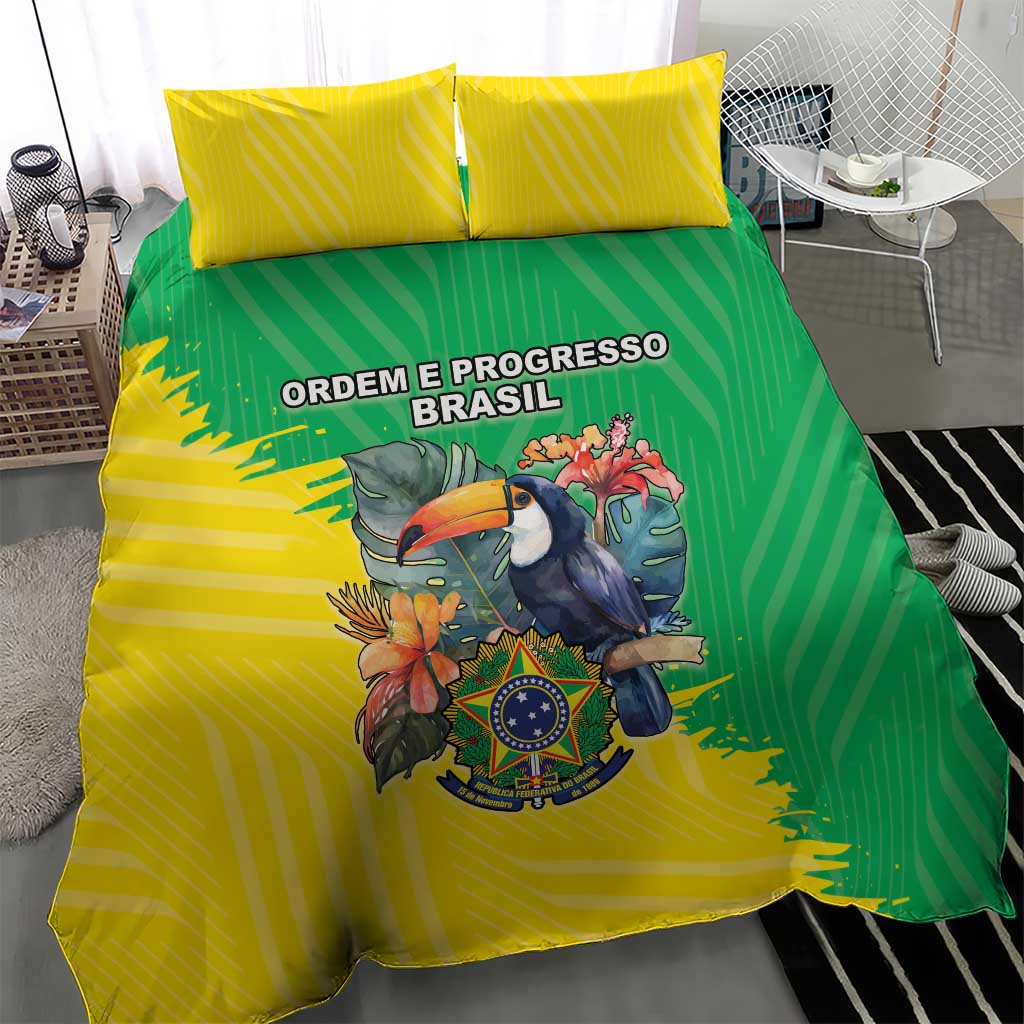 Yellow and green Brazil crest bedding set with striped duvet and two matching pillows