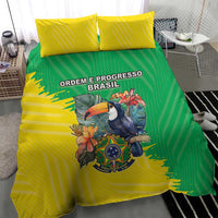 Yellow and green Brazil crest bedding set with striped duvet and two matching pillows