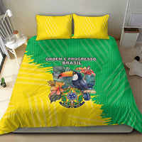 Brazil flag print bedding set featuring striped yellow-green duvet with crest on center