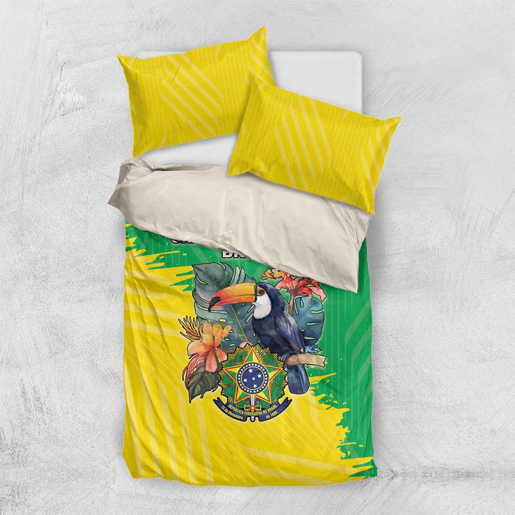 Brazil flag bedding set with yellow-green striped duvet and two matching standard pillowcases