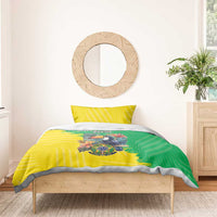 Brazil crest bedding set with yellow-green striped duvet and matching pillow on bed