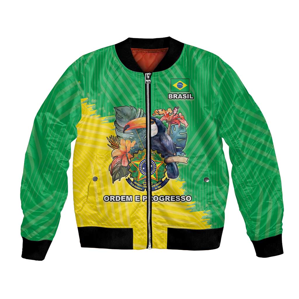 Green Brazil flag bomber jacket with front zip, ribbed cuffs, crest graphic