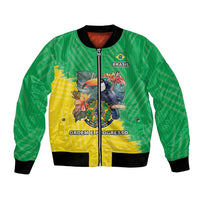 Green Brazil flag bomber jacket with front zip, ribbed cuffs, crest graphic