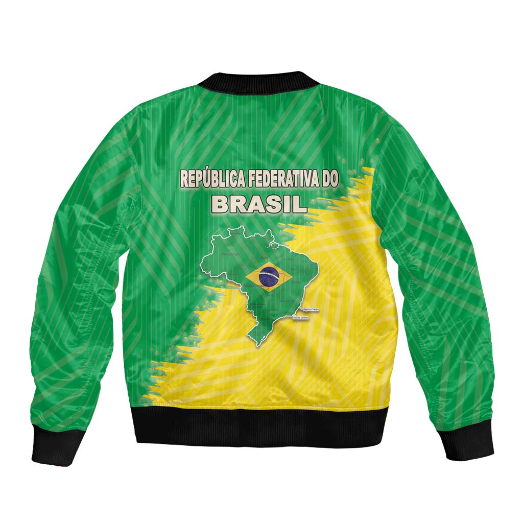 Green and yellow bomber jacket back print with Brazil map and text, ribbed hem