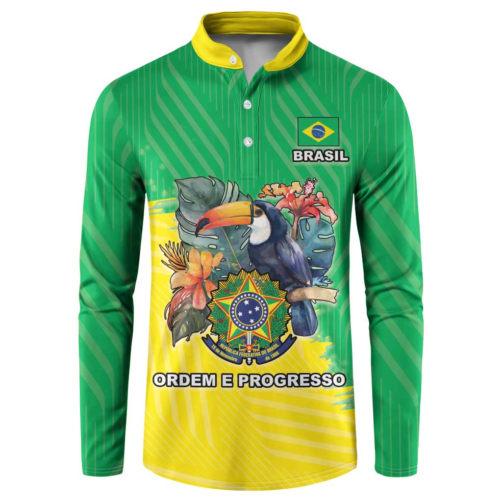 Green Brazil long-sleeve button sweatshirt with crest, toucan graphic, 'ORDEM E PROGRESSO'.