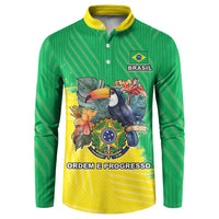 Green Brazil long-sleeve button sweatshirt with crest, toucan graphic, 'ORDEM E PROGRESSO'.