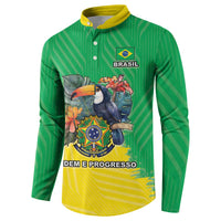 Green Brazil long-sleeve button sweatshirt with BRASIL badge and toucan graphic.