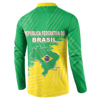 Brazil coat of arms button sweatshirt, green and yellow, back view