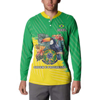 Green Brazil long-sleeve button sweatshirt with yellow collar, BRASIL badge, toucan graphic.