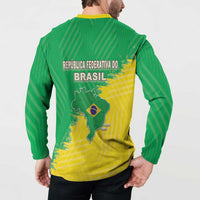 Green and yellow Brazil long-sleeve button sweatshirt with Brazil map and flag-style stripes.