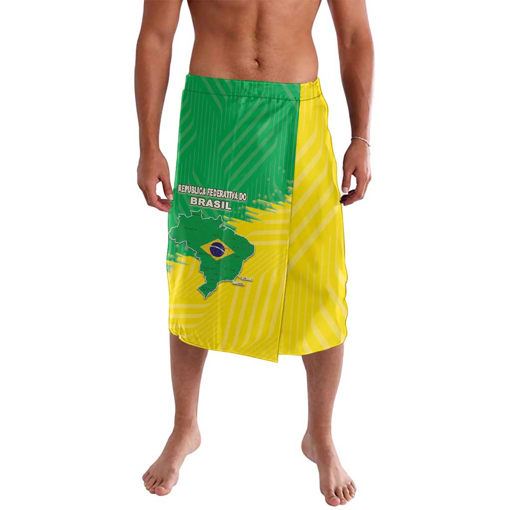 Brazil flag style lavalava wrap skirt with green-yellow stripes and crest print