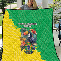 Brazil flag quilt, green & yellow quilted design with bird and crest, “ORDEM E PROGRESSO BRASIL”