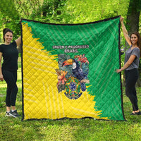 Brazil flag quilt blanket, green and yellow with quilt stitching, bird crest and “ORDEM E PROGRESSO BRASIL”
