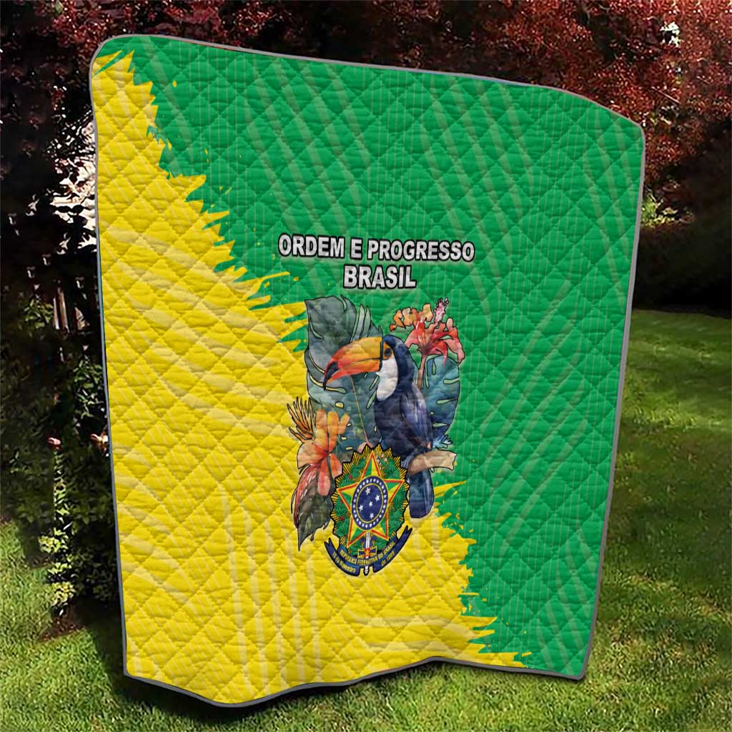 Brazil flag quilt with green and yellow halves, quilted bird crest and “ORDEM E PROGRESSO BRASIL”