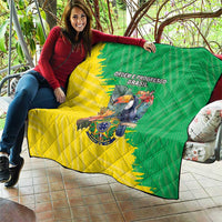 Brazil flag quilt throw, green and yellow with quilted bird crest and “ORDEM E PROGRESSO BRASIL”