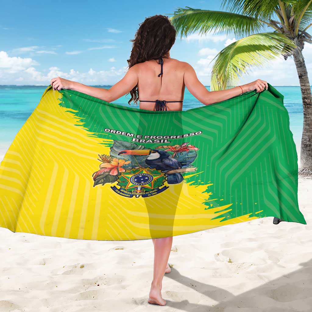 Brazil flag-style sarong, green and yellow coat of arms print, worn from behind