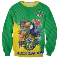 Green sweatshirt with Brazil flag graphic, crest, toucan art, and Ordem e Progresso text