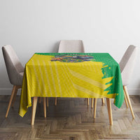 Rectangular Brazil flag-style tablecloth, green and yellow stripes with crest