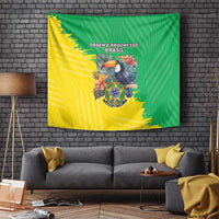 Brazil coat of arms tapestry with crest bird and crest emblem, green and yellow flag design.