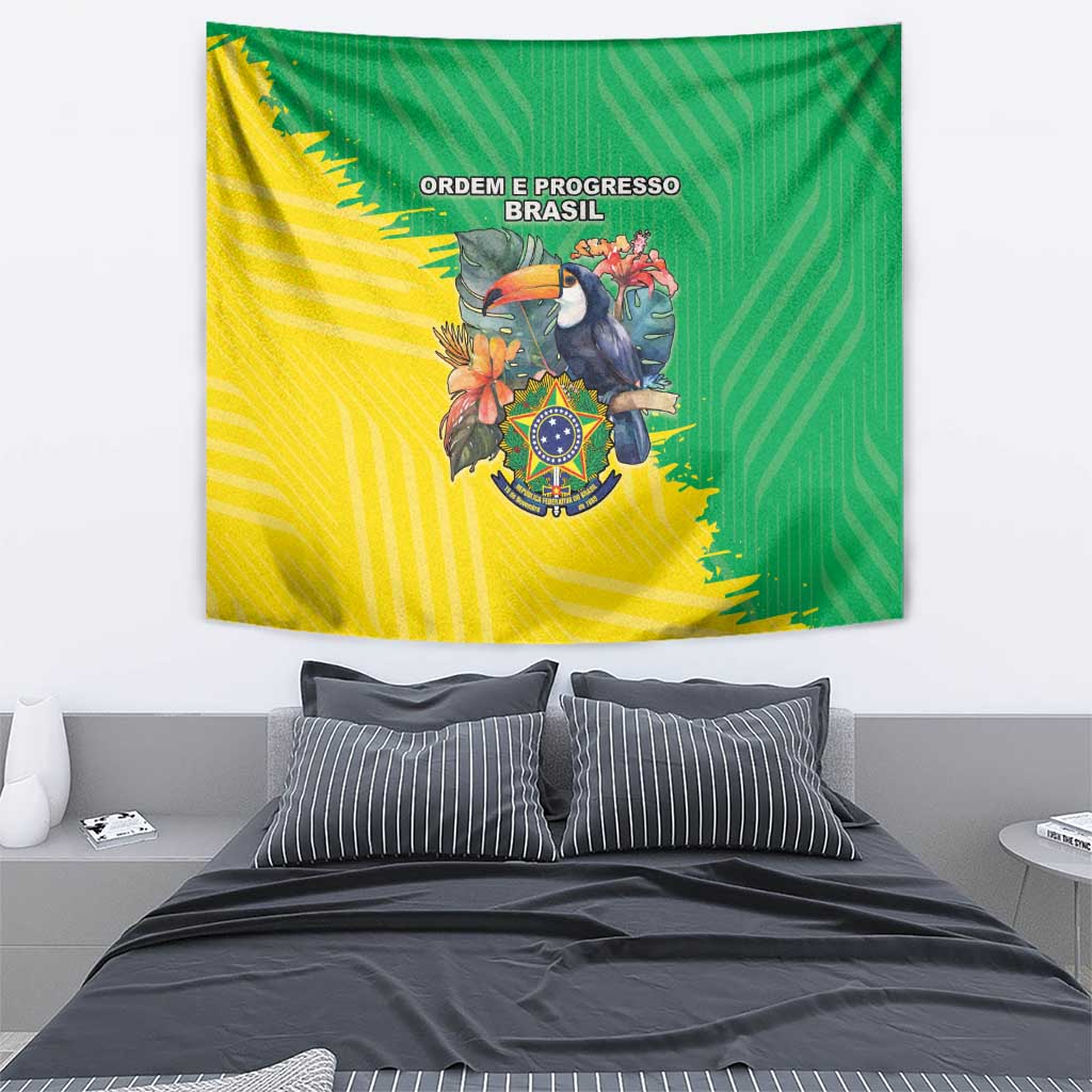 Brazil flag-style tapestry with crest bird and “Ordem e Progresso” text, green and yellow.