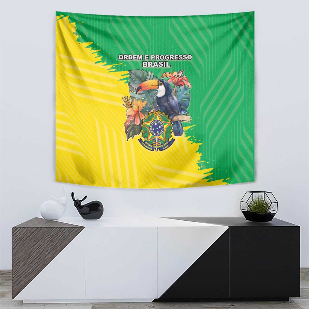 Green and yellow Brazil coat of arms tapestry with crest bird, “Ordem e Progresso” wording.