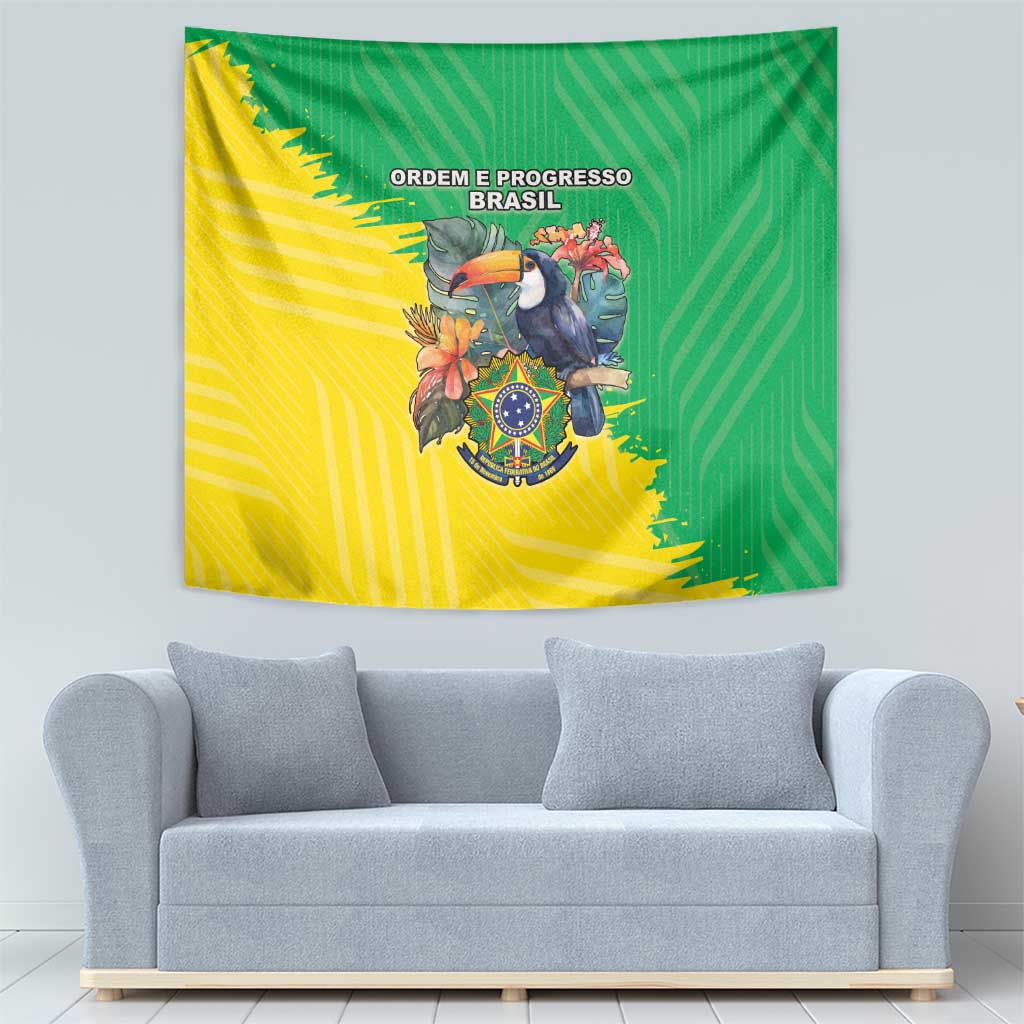 Brazil flag tapestry with crest bird and circular emblem, green-yellow fabric panel.