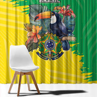 Brazil flag-style curtain panel with toucan and crest design, green/yellow