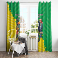 Brazil flag-style curtain panels in green and yellow with crest and bird artwork