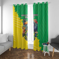 Brazil flag-style window curtain panels, green and yellow with crest center motif