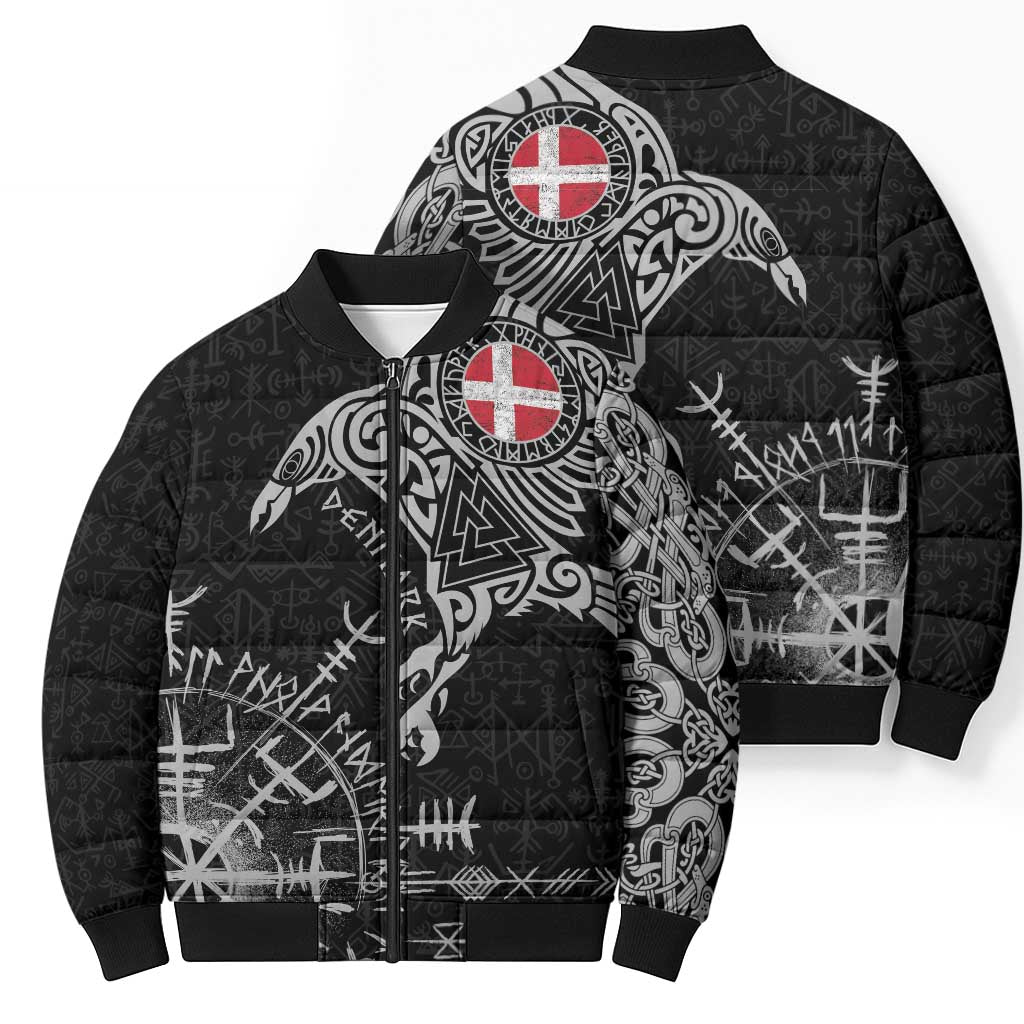 Denmark Viking Ravens Bomber Puffer Jacket Vegvisir Runes Pattern - Wonder Print Shop
