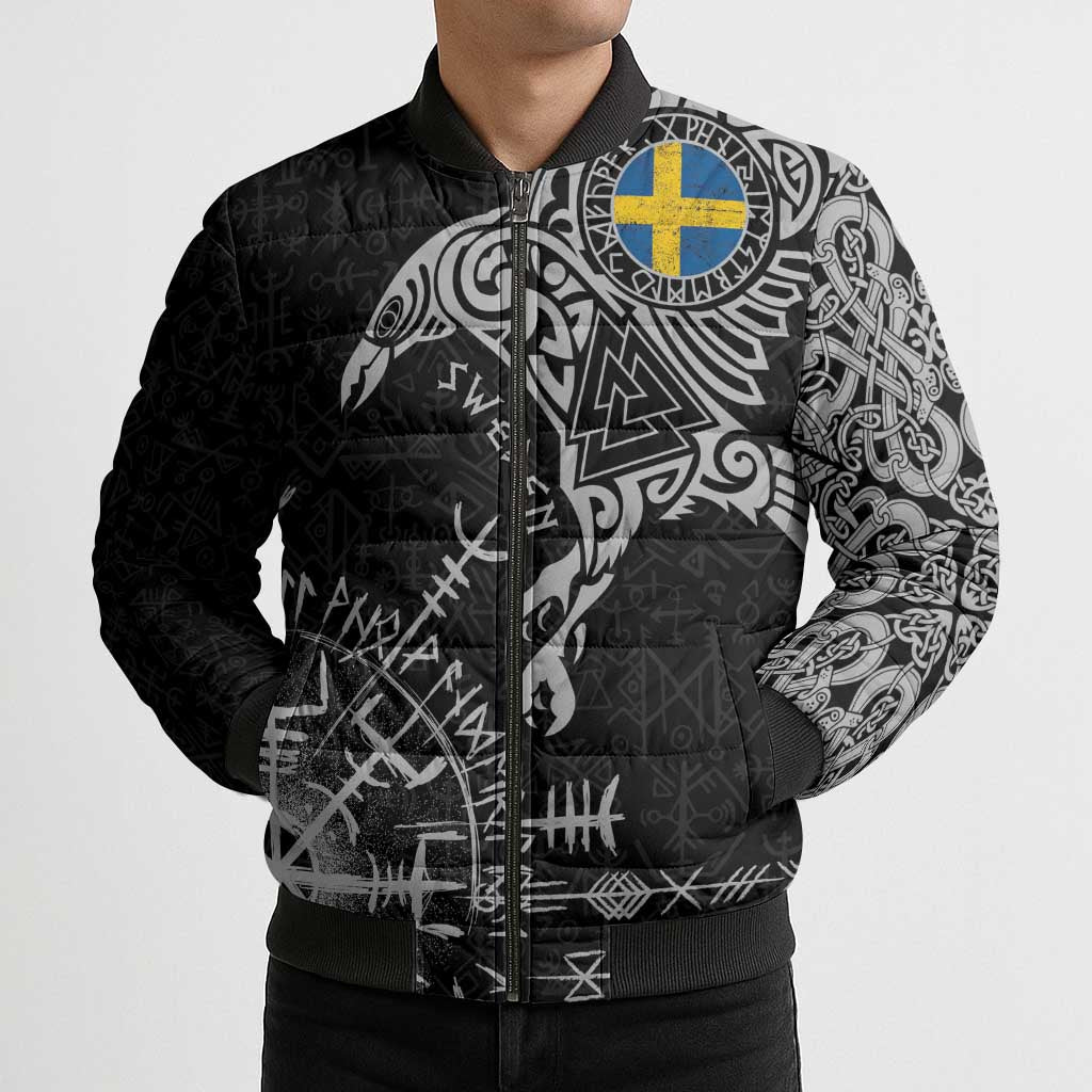 Sweden Viking Ravens Bomber Puffer Jacket Vegvisir Runes Pattern - Wonder Print Shop