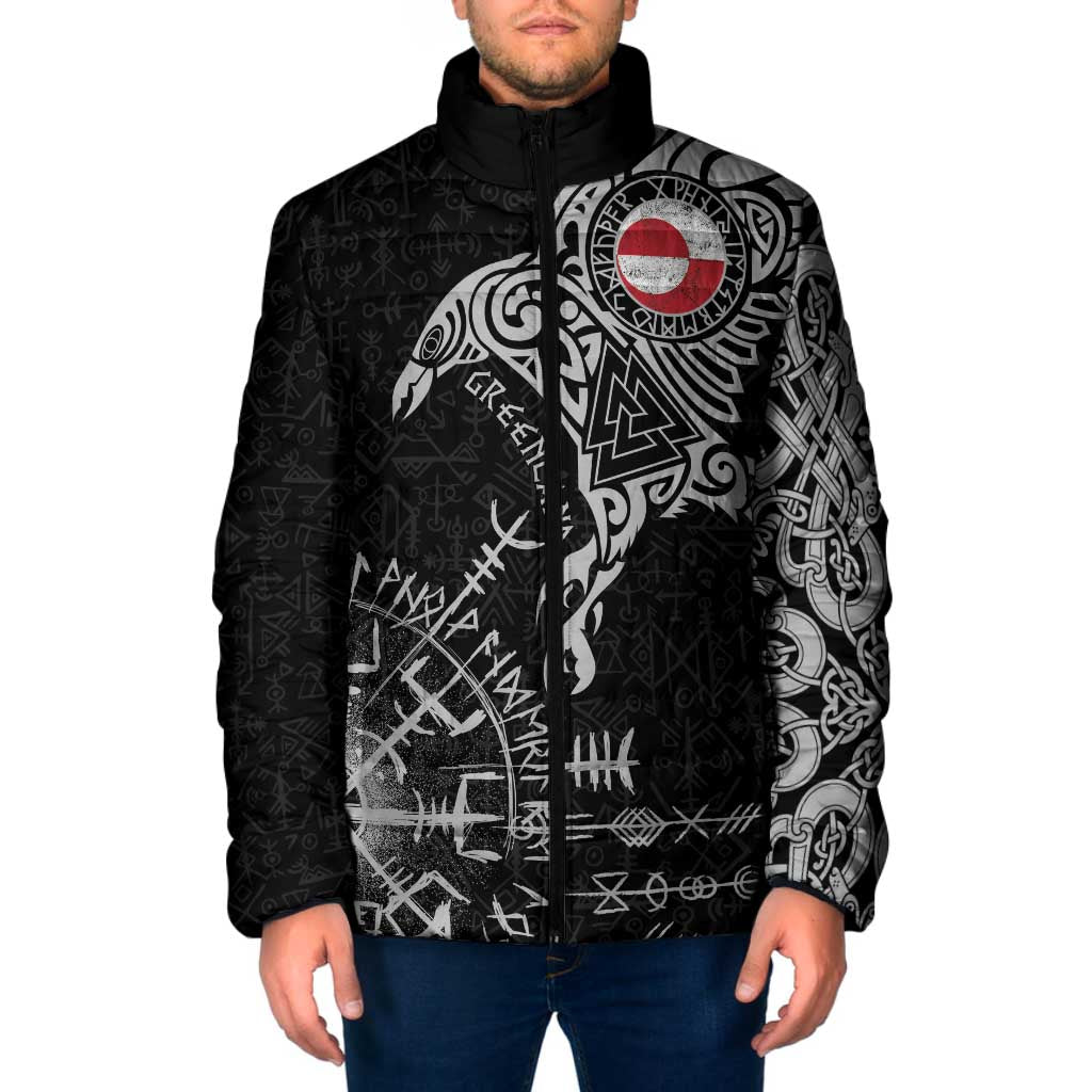 Greenland Viking Ravens Padded Jacket Vegvisir Runes Pattern - Wonder Print Shop