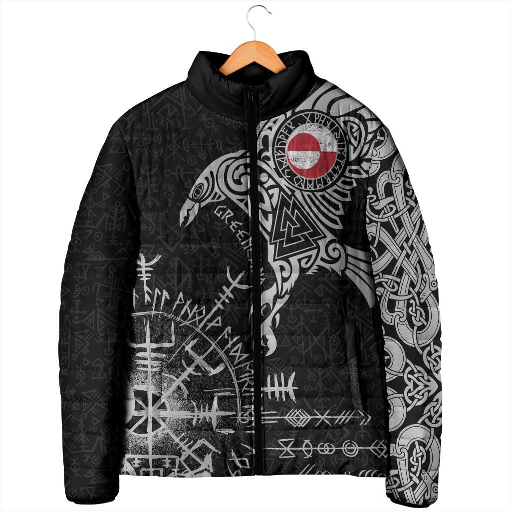 Greenland Viking Ravens Padded Jacket Vegvisir Runes Pattern - Wonder Print Shop