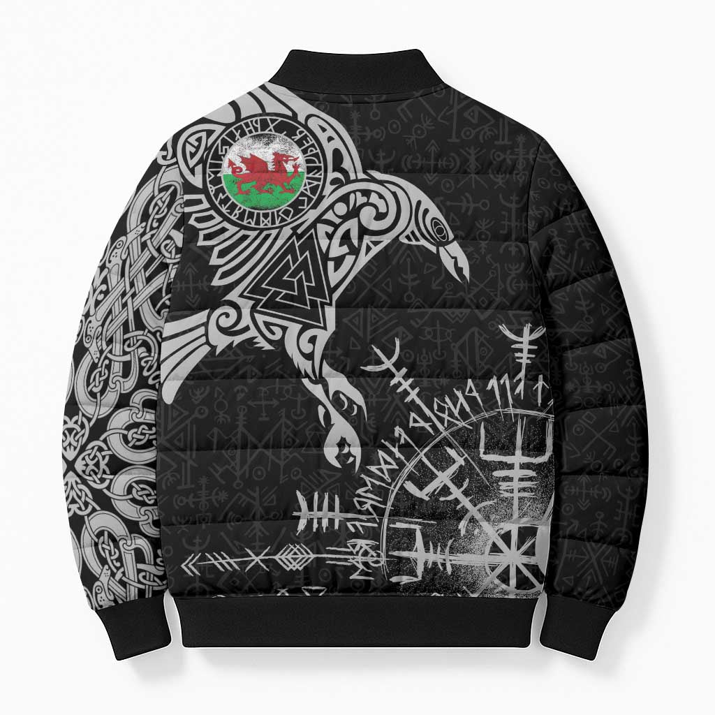 Wales Viking Ravens Bomber Puffer Jacket Vegvisir Runes Pattern - Wonder Print Shop