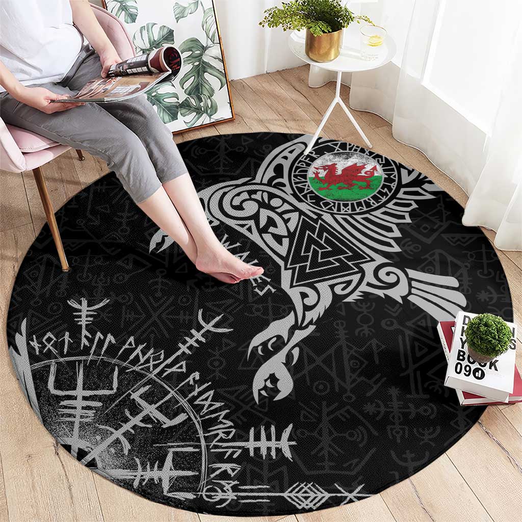 Wales Viking Ravens Round Carpet Vegvisir Runes Pattern - Wonder Print Shop
