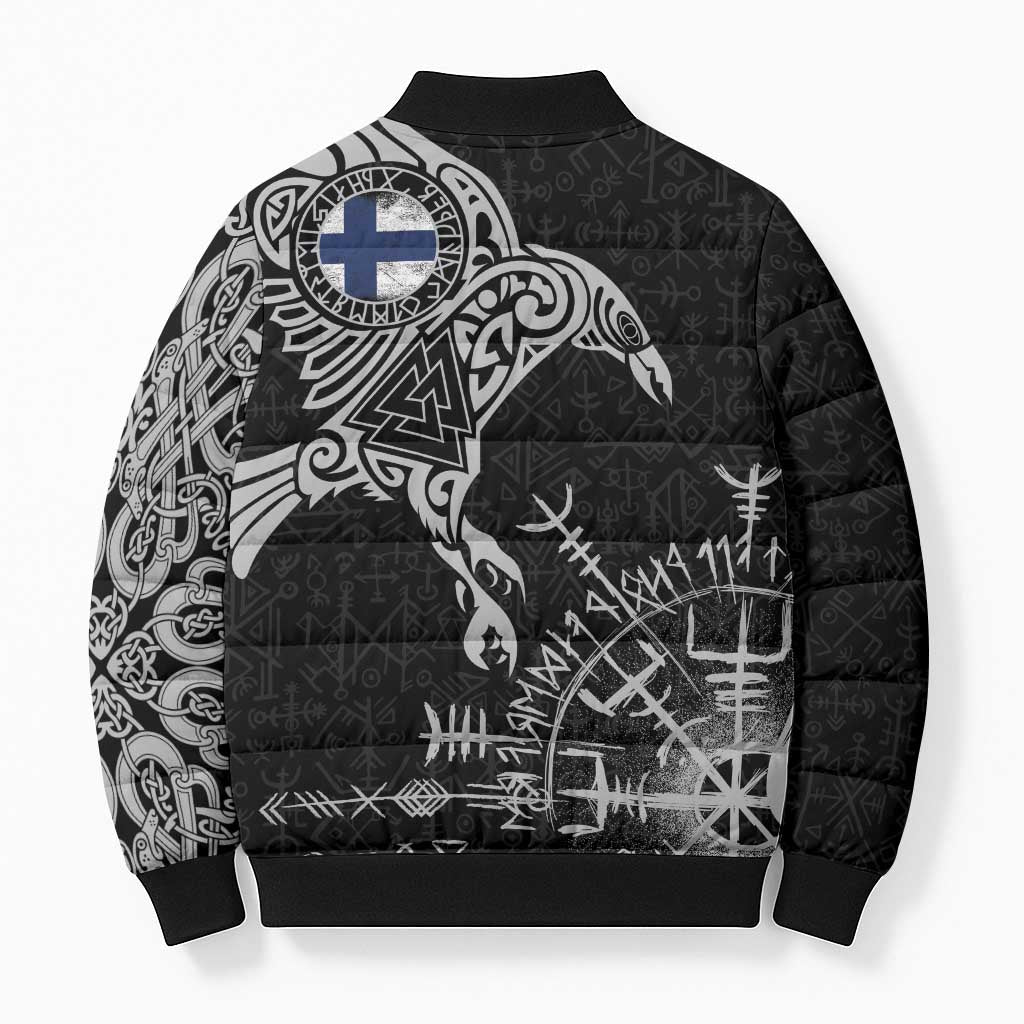 Finland Viking Ravens Bomber Puffer Jacket Vegvisir Runes Pattern - Wonder Print Shop