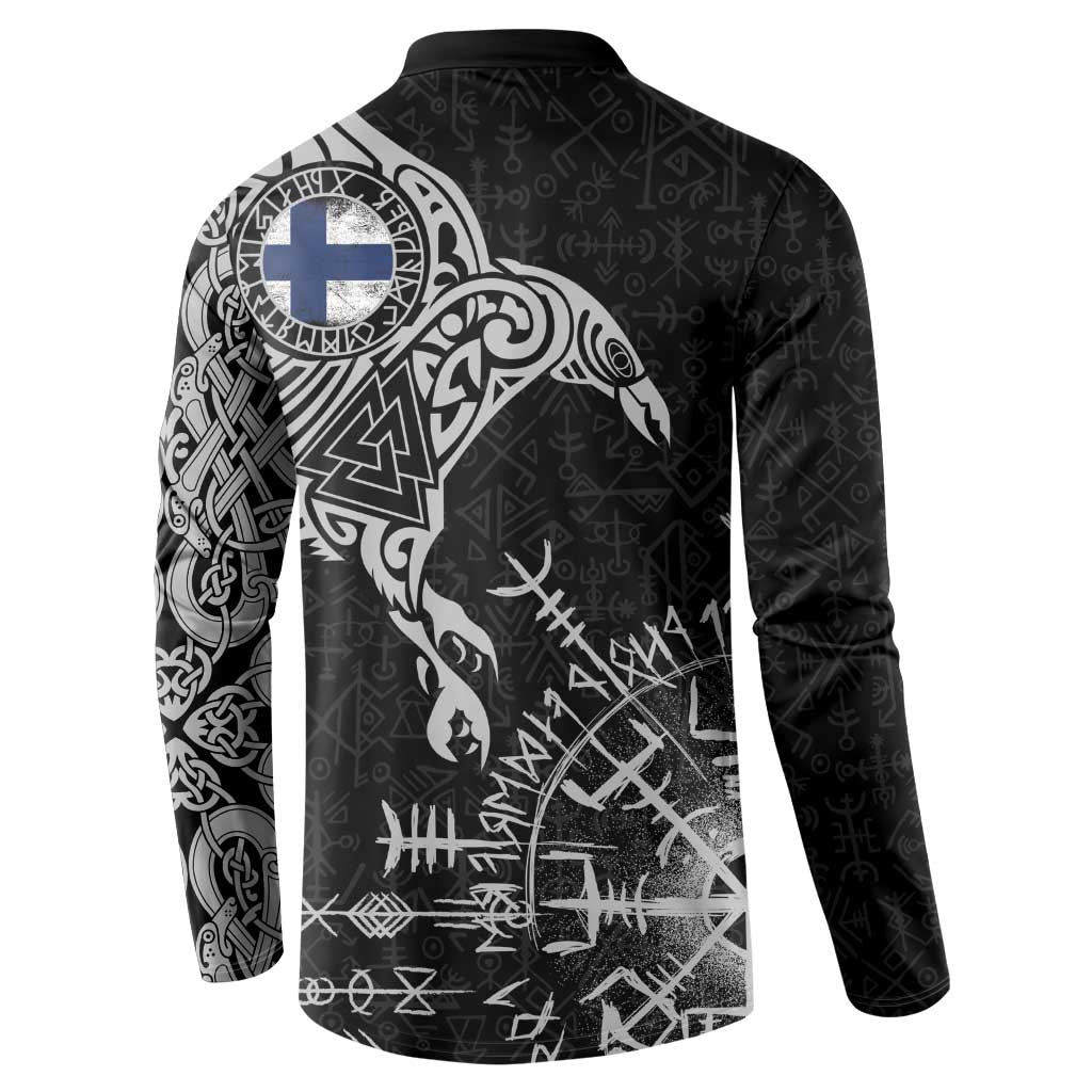 Finland Viking Ravens Button Sweatshirt Vegvisir Runes Pattern - Wonder Print Shop