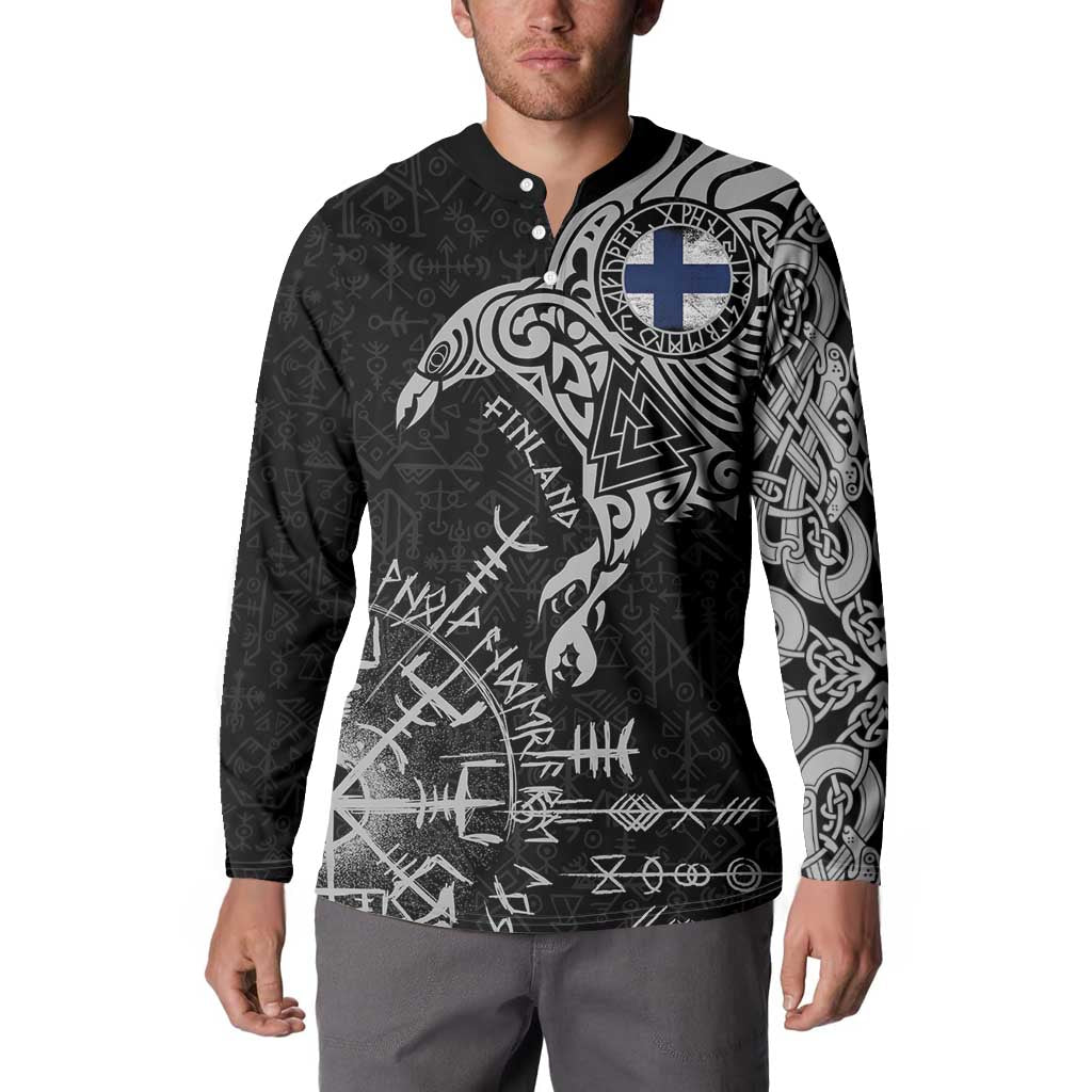 Finland Viking Ravens Button Sweatshirt Vegvisir Runes Pattern - Wonder Print Shop