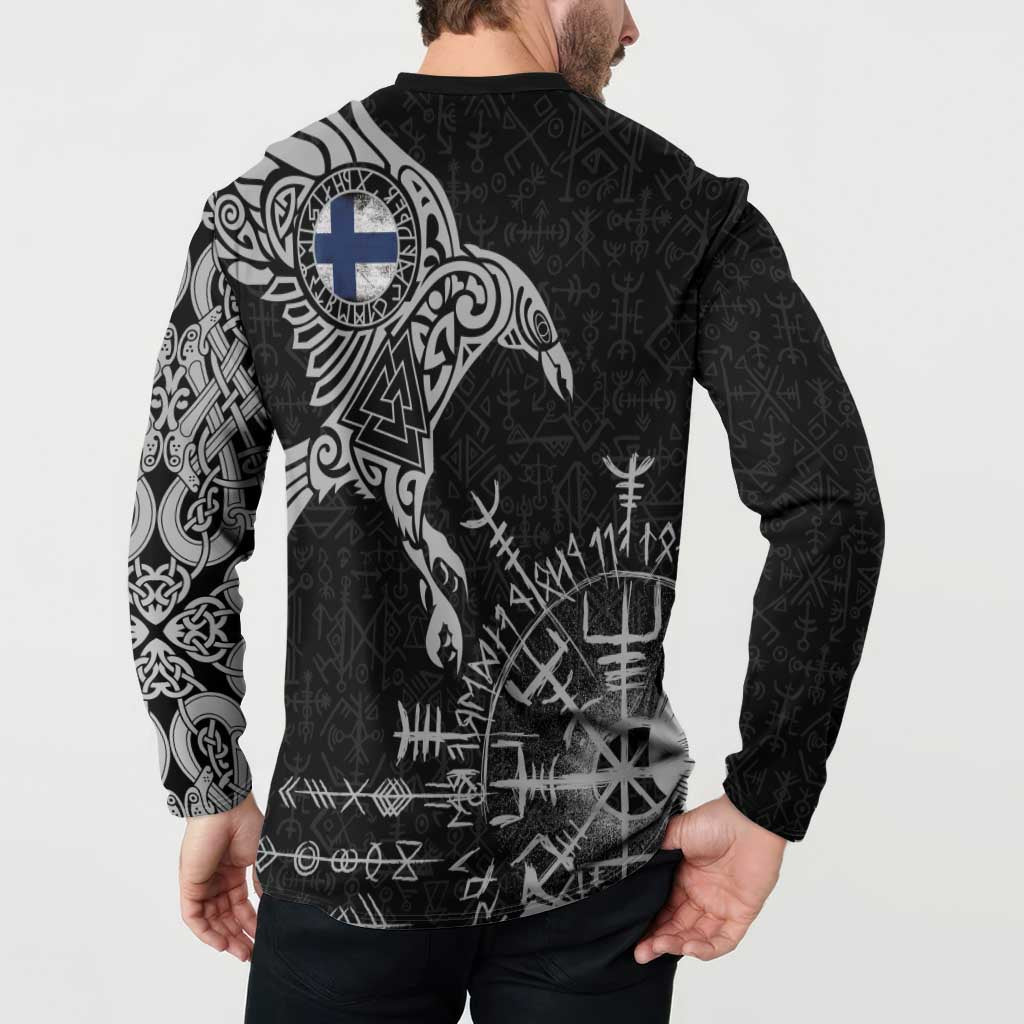 Finland Viking Ravens Button Sweatshirt Vegvisir Runes Pattern - Wonder Print Shop