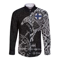 Finland Viking Ravens Long Sleeve Button Shirt Vegvisir Runes Pattern - Wonder Print Shop